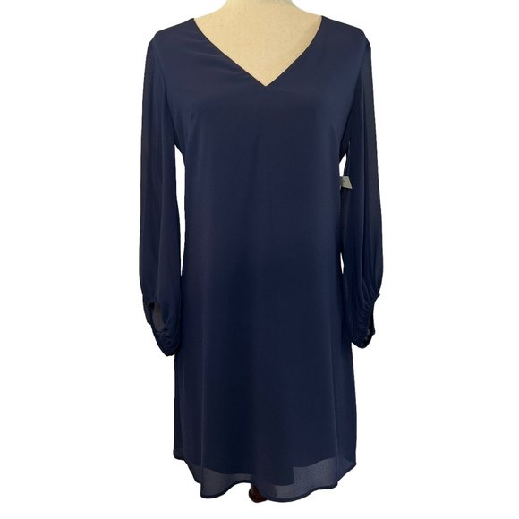 New Eliza J V-Neck Chiffon Long Sleeve Shift Dress Size 6 in Navy Blue - Picture 2 of 13